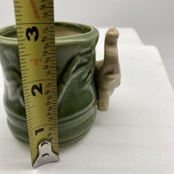 VTG Ceramic Planter Cup Vase Elephant Lucky Trunk Up Green Bamboo Asian 2 3/4”H - Picture 10 of 12